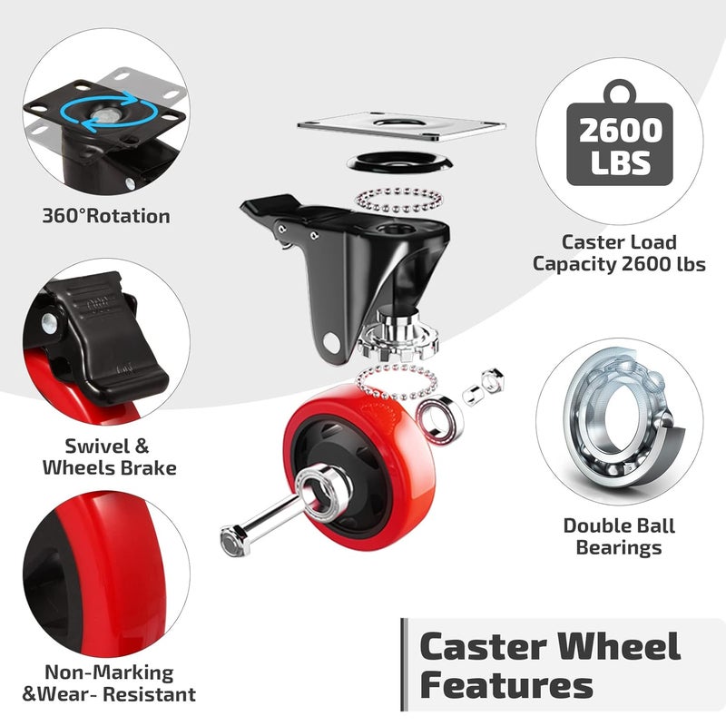 Nefish 6 Inch Heavy Duty Caster Wheels, Industrial Casters Set of 4, Locking Industrial Swivel Top Plate Casters 2600 Lbs, 360 Degree Industrial Grade Casters for Industrial, Furniture, Equipment - Image 4